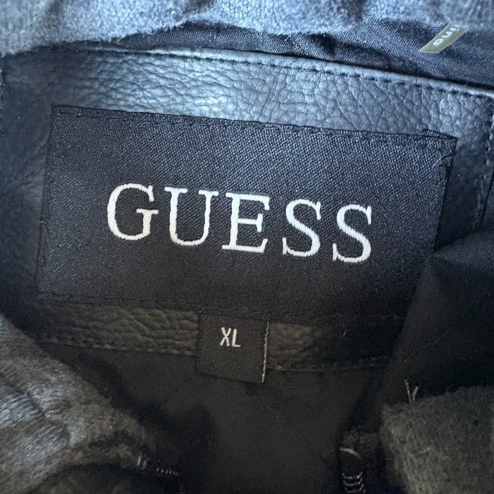 Guess Motorcycle Jacket Mens XL Black Faux Leather Removable Hooded Full Zip - Picture 5 of 8